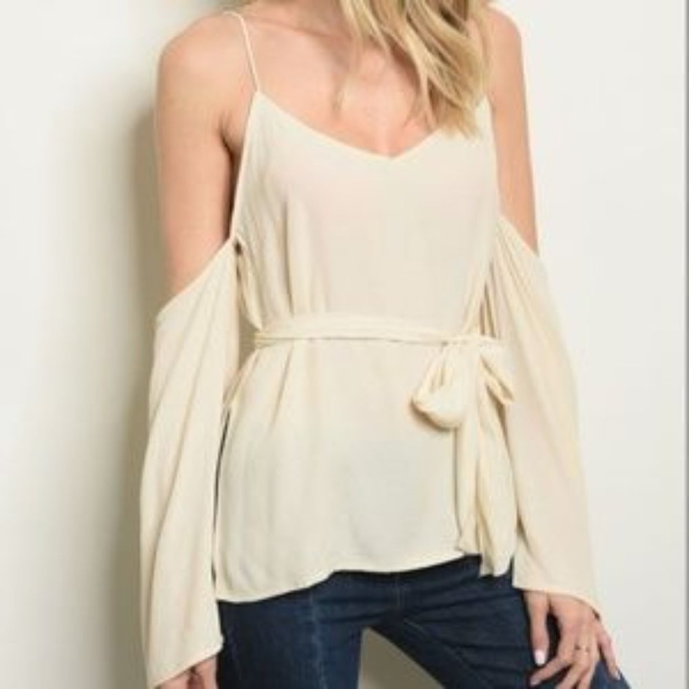Cold Shoulder Cream Tie Peasant Tunic Top NWT